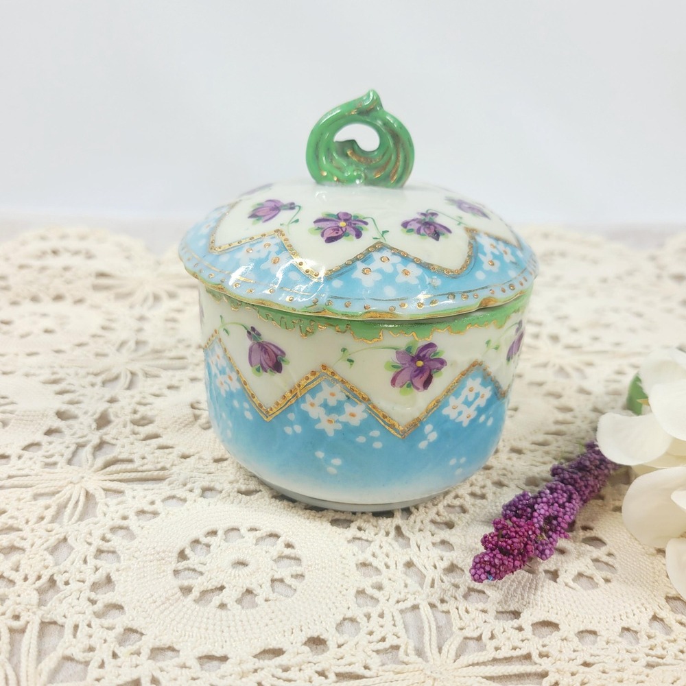 Antique Nippon Hand Painted Violets Covered Vanity Jar Blue Gold Moriage